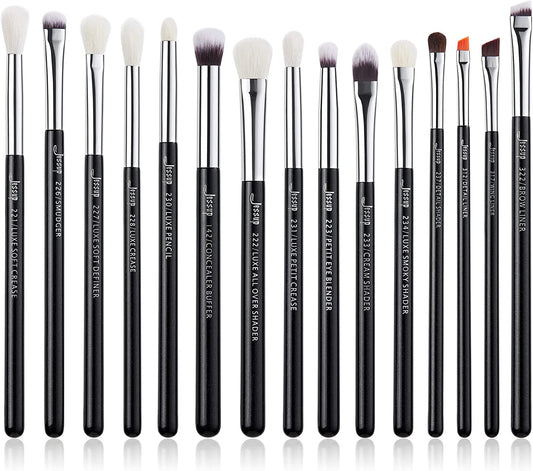 15-Piece Professional Eye Brush Set - Premium Makeup Brushes for Effortless Eye Looks - Includes Liner, Shader & More with Elegant Wood Handles and Luxurious Hair Blend in Black/Silver